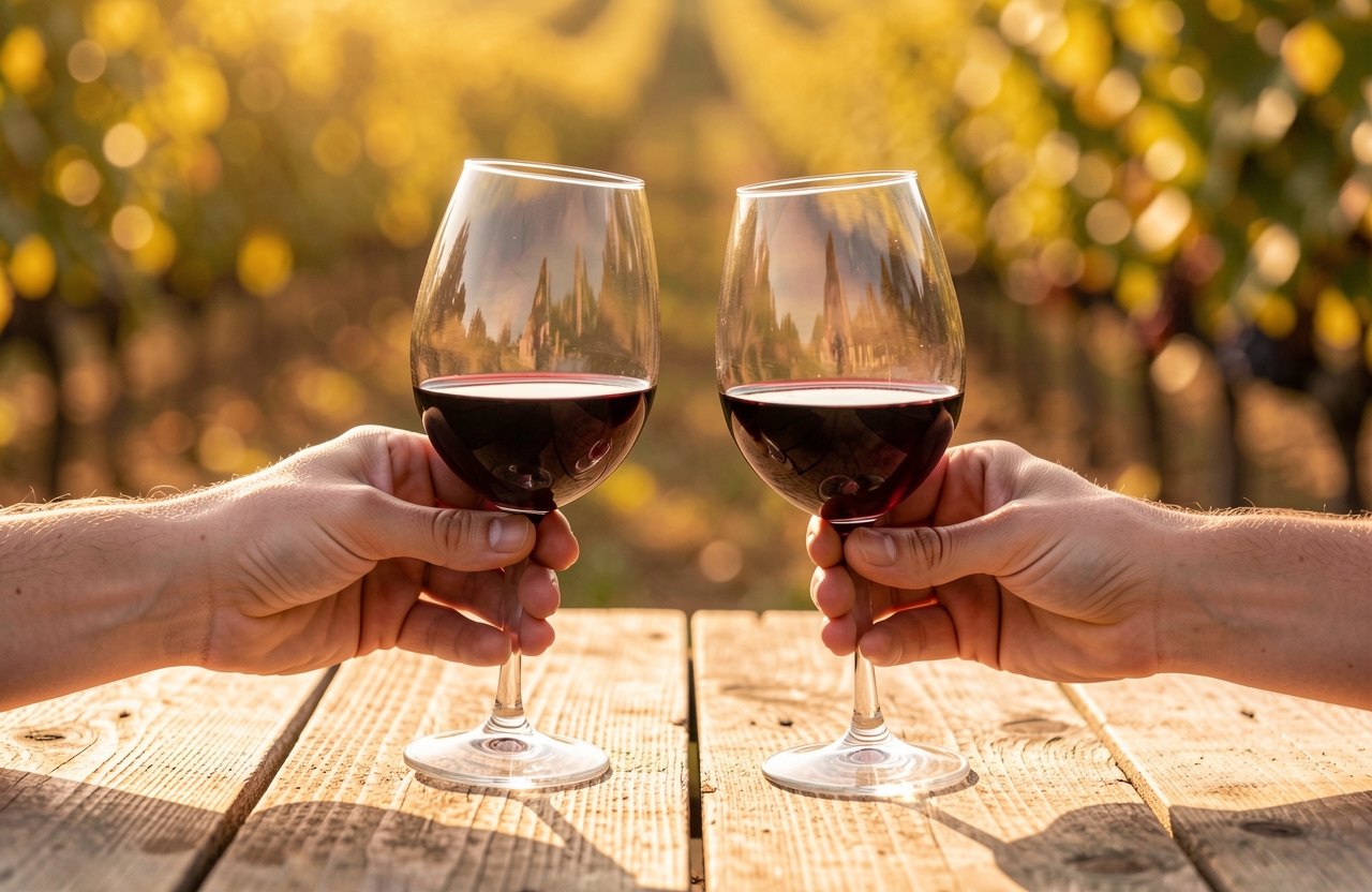 Wine glasses in a vineyard